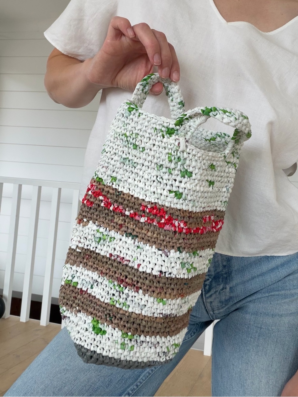 Handmade Upcycled Barrel Handbag Cylindrical Knit Top Handle Tote Bag OS - Picture 10 of 16